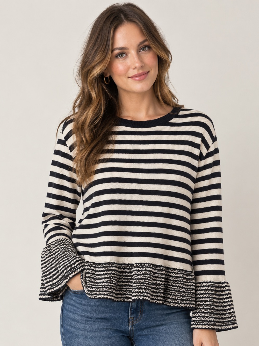 LOFT Striped Bell Sleeve Sweater Top - Navy & White